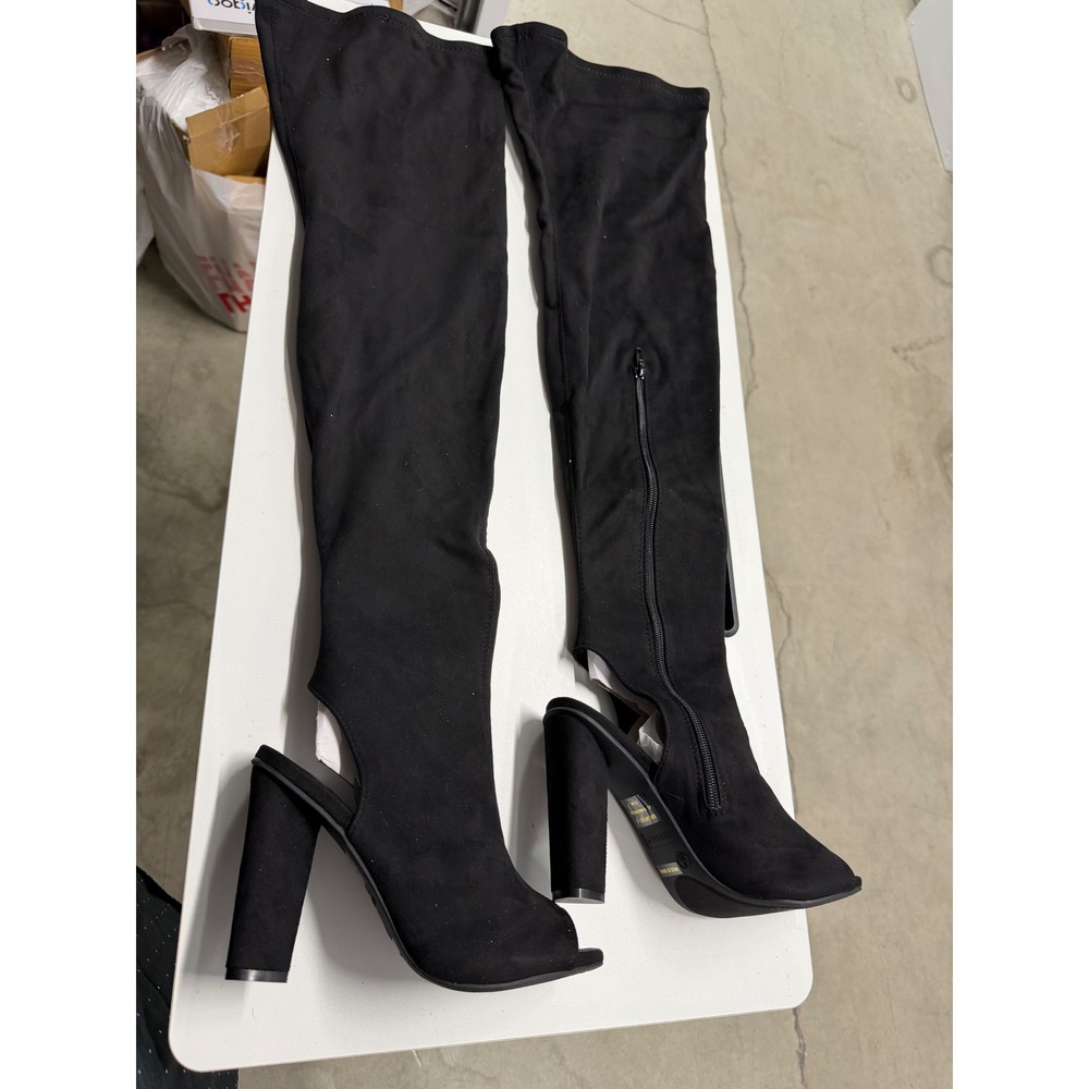 Bamboo Black Faux Suede Over The Knee Open Toe Cutout Block Heel Boots Size 8